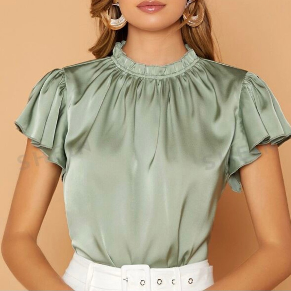 Mint Green Frill Trim Keyhole Back Satin Blouse